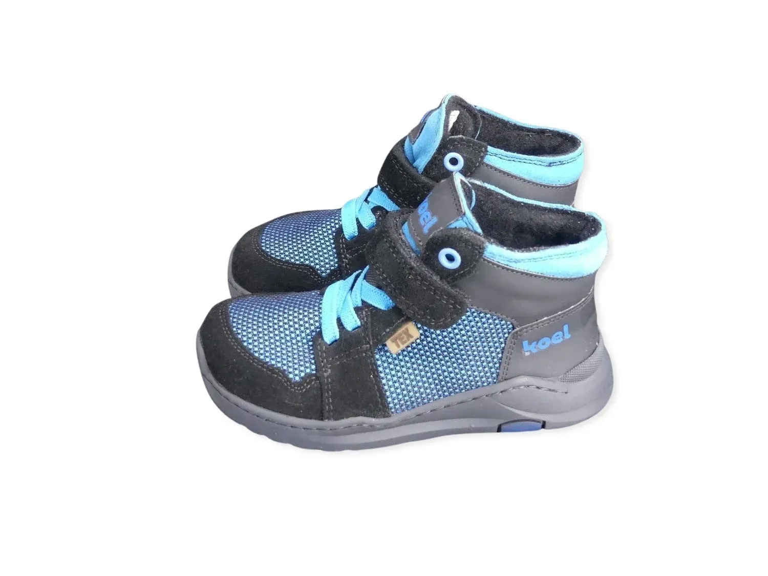 KOEL Sky Tex Wollfilz blau – Kinder Barfußsneaker mit TEX-Membran, Klett und elastischen Schnürsenk…