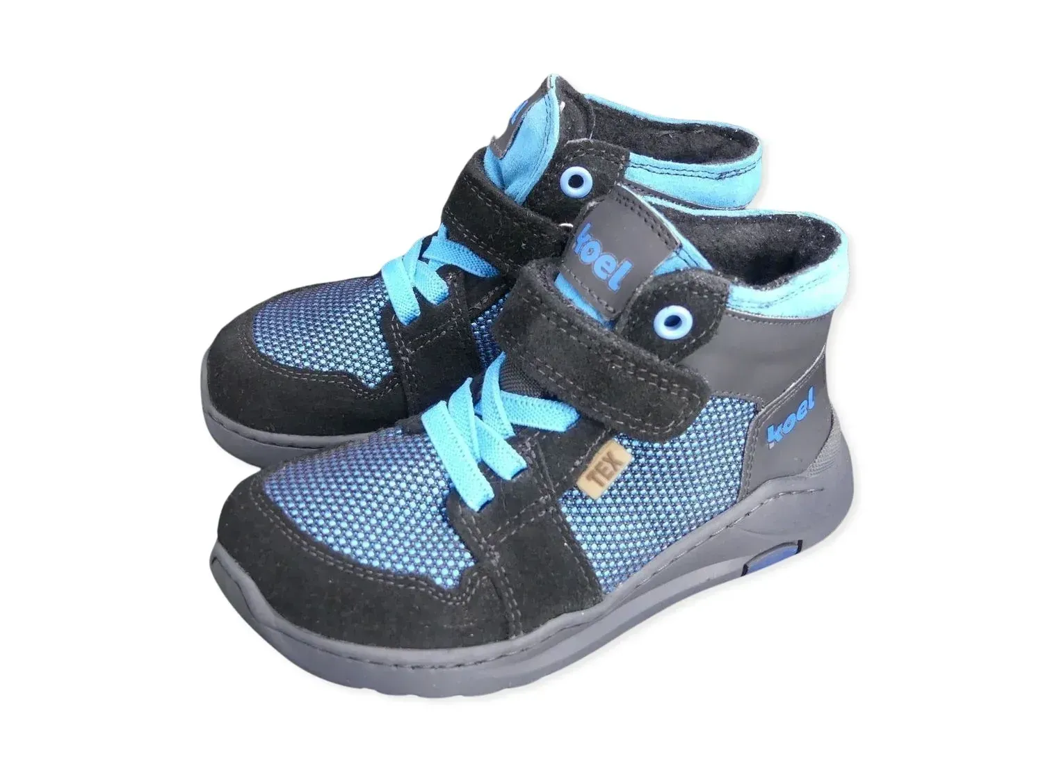 KOEL Sky Tex Wollfilz blau – Kinder Barfußsneaker mit TEX-Membran, Klett und elastischen Schnürsenk…