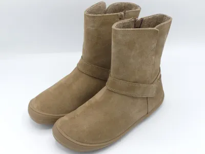 Seitenansicht Develab Mid Cut Stiefel Taupe Suede – Kinder-Barfußstiefel aus Leder mit Reißverschluss