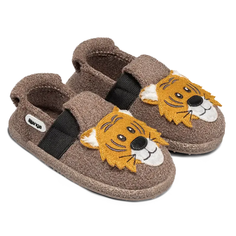 NANGA Roar Tiger 2.0 – Draufsicht auf graue Kinderhausschuhe mit gesticktem Tiger-Motiv