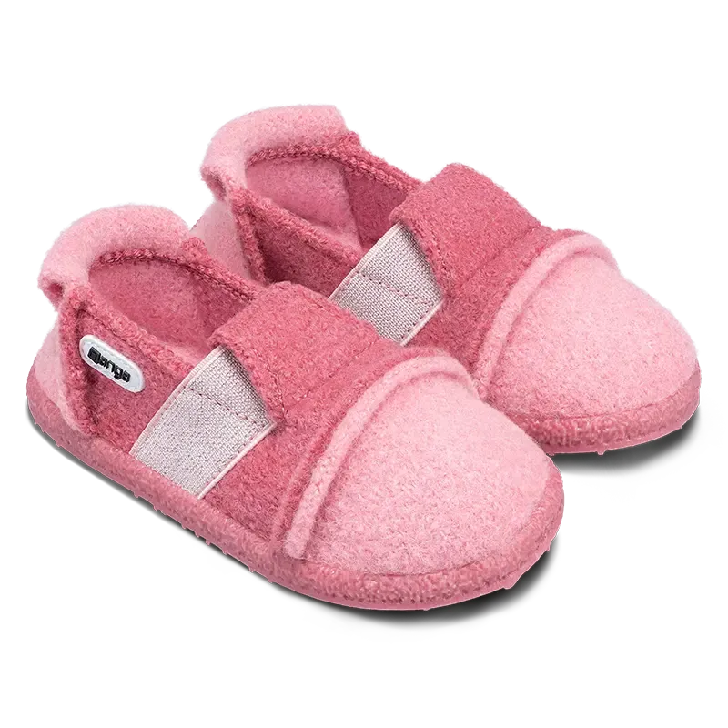 NANGA Berg 2.0 Azalee – Draufsicht auf rosa Kinderhausschuhe aus Wolle mit flexibler Barfußsohle