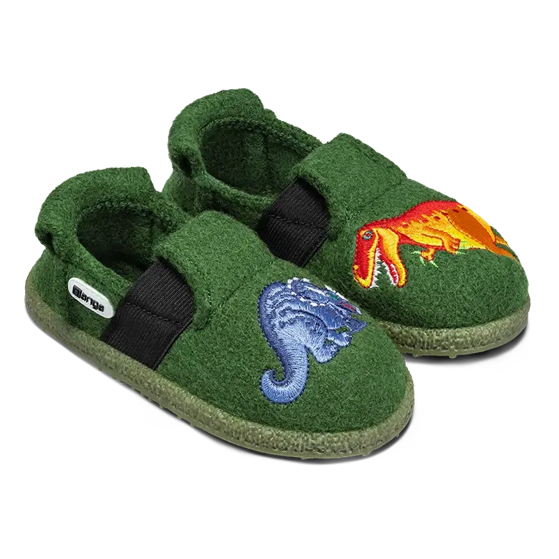 NANGA Dinos 2.0 – Kinder Hausschuh mit Dino-Motiv aus Schurwolle