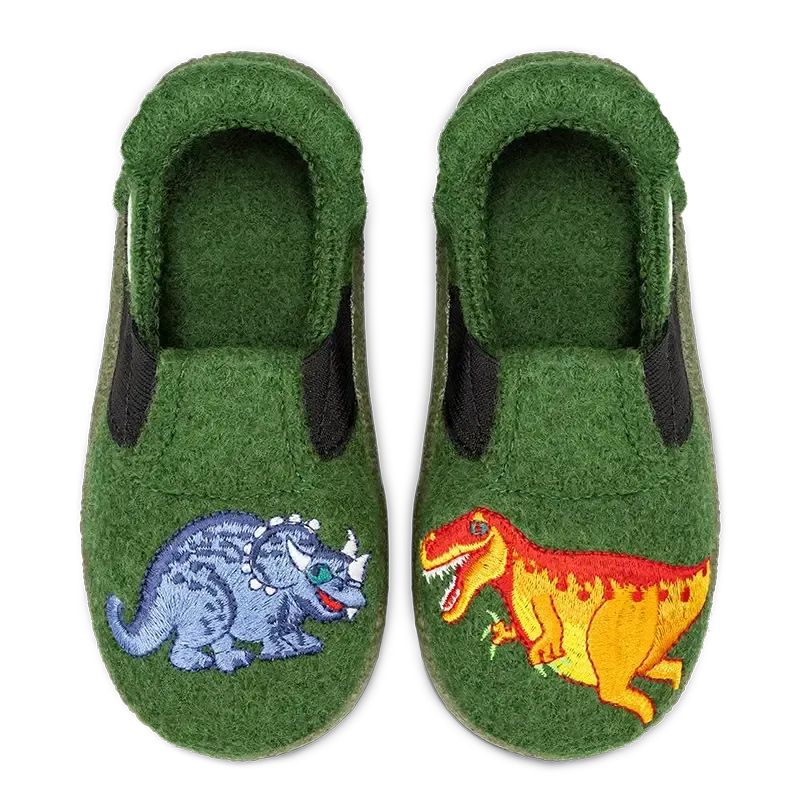 NANGA Dinos 2.0 – Kinder Hausschuh mit Dino-Motiv aus Schurwolle
