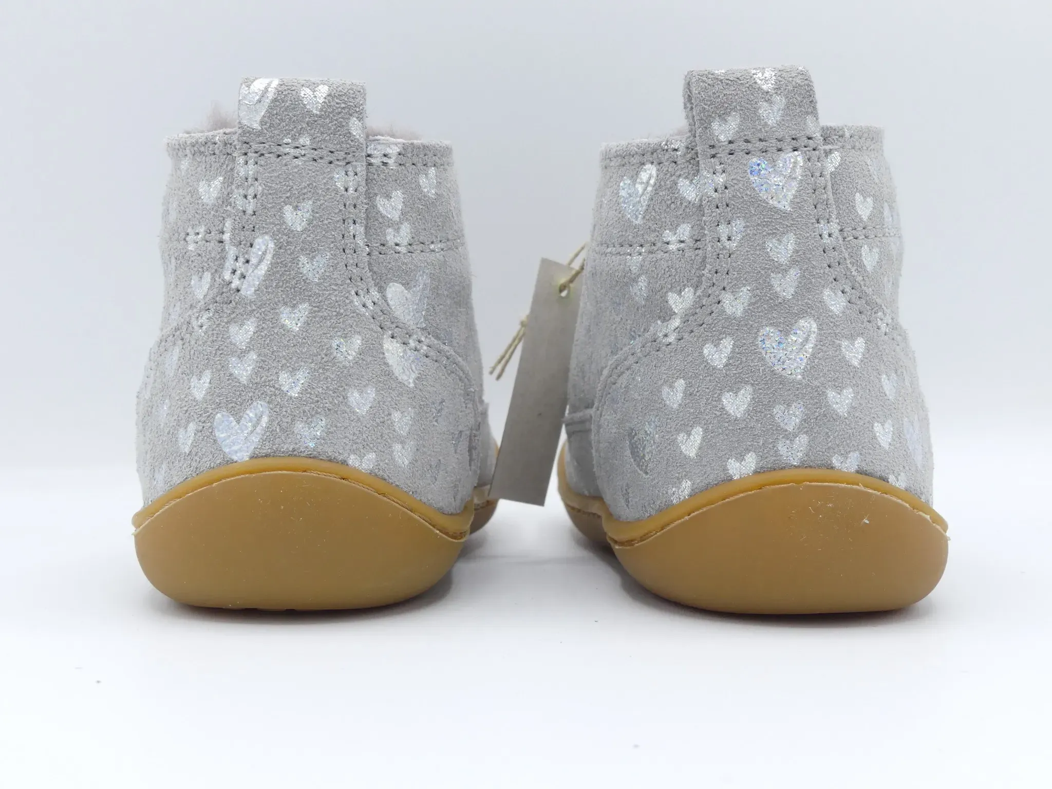 Develab Lauflernschuh Grey Fantasy – Paar seitlich, flexible Sohle, silberne Herzchen