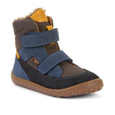 Froddo Barefoot UP TEX Winter Denim – Kinder-Barfußstiefel, schräge Vorderansicht, mit Doppel-Klettverschluss.