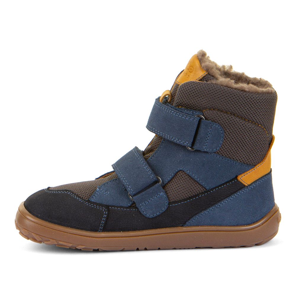 Froddo Barefoot UP TEX Winter Denim – Kinder-Barfußstiefel, schräge Vorderansicht, mit Doppel-Klettverschluss.