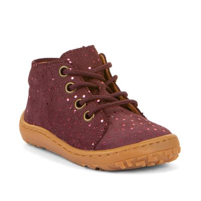 Froddo First Step Barfußschuh – Bordeaux+ Froddo First Step Barfußschuh Bordeaux – schräg von vorne, flexible Barfußsohle sichtbar