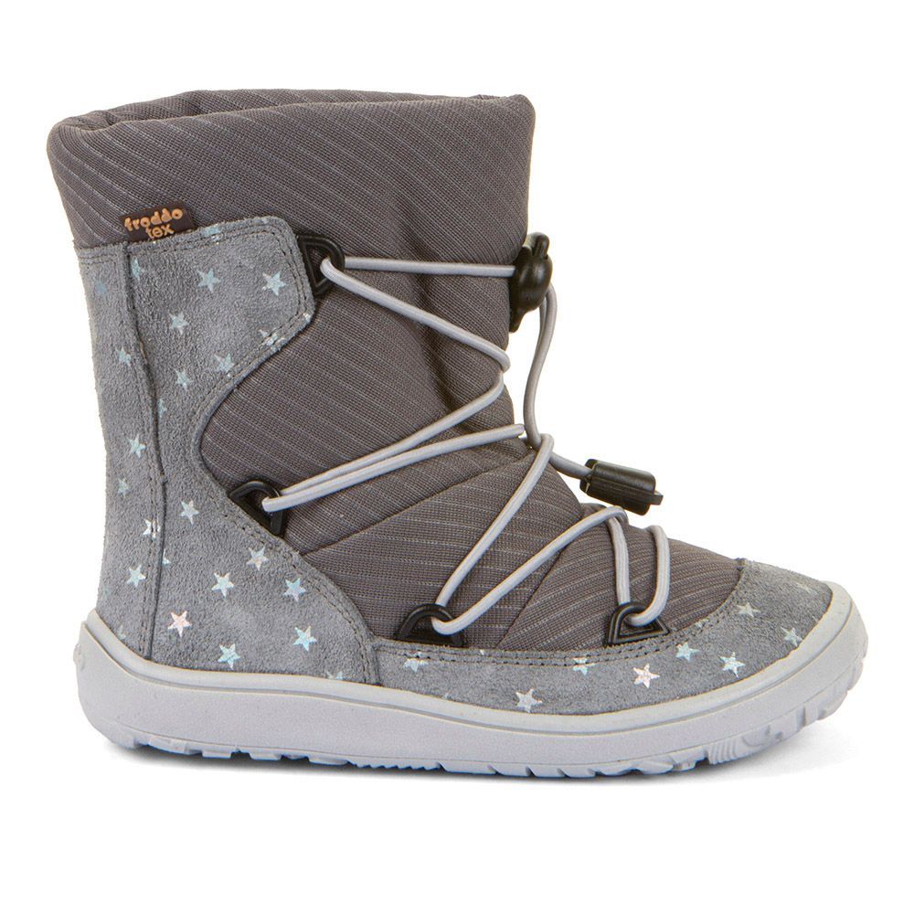 Froddo Track Wool Schneestiefel in Grau mit Sternchen, Seitenansicht links, Barfuß-Winterstiefel mit Schnellschnürsystem