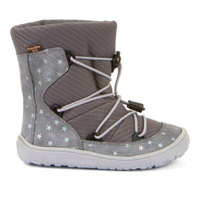 Froddo Track Wool Schneestiefel in Grau mit Sternchen, Seitenansicht links, Barfuß-Winterstiefel mit Schnellschnürsystem