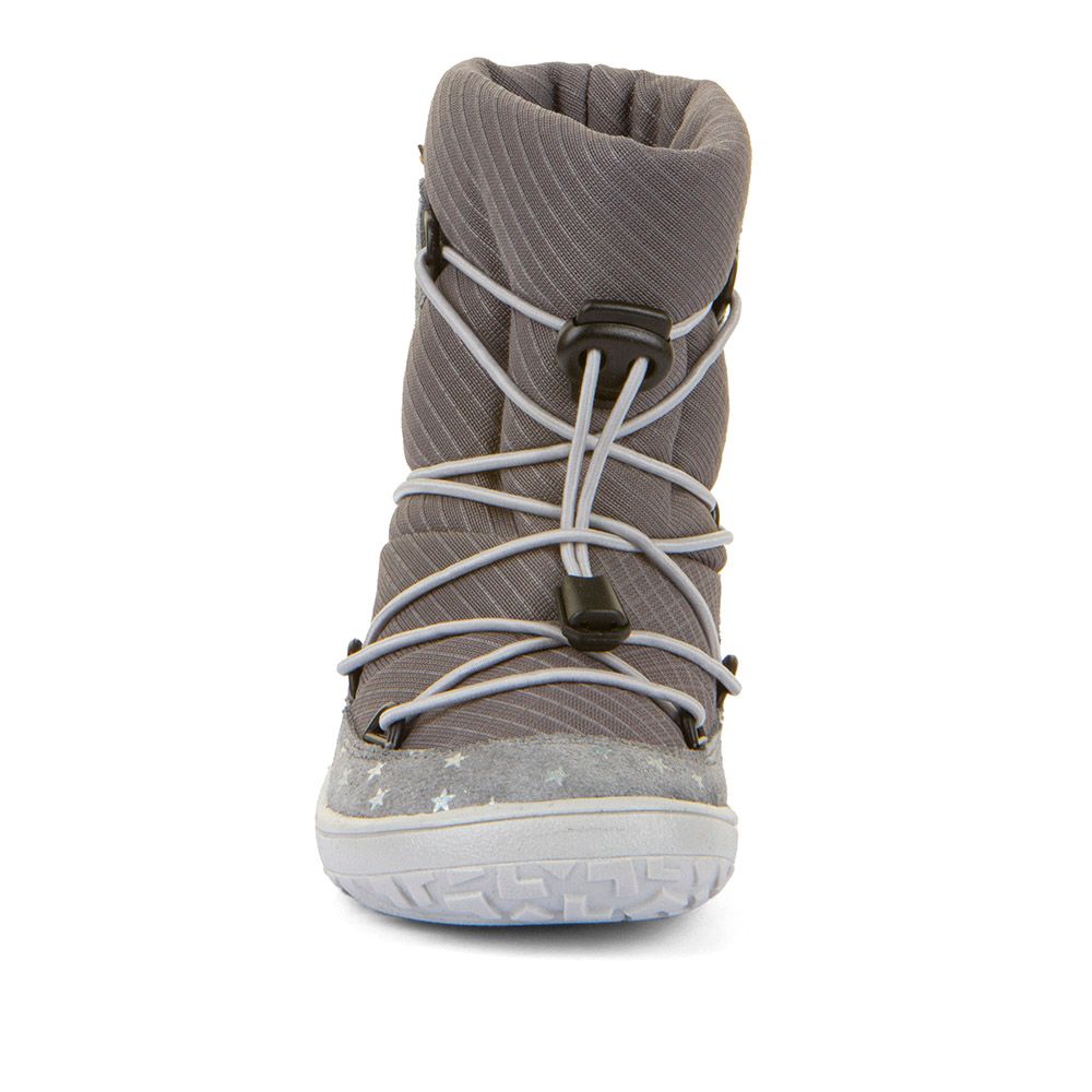 Froddo Track Wool Schneestiefel in Grau mit Sternchen, Seitenansicht links, Barfuß-Winterstiefel mit Schnellschnürsystem