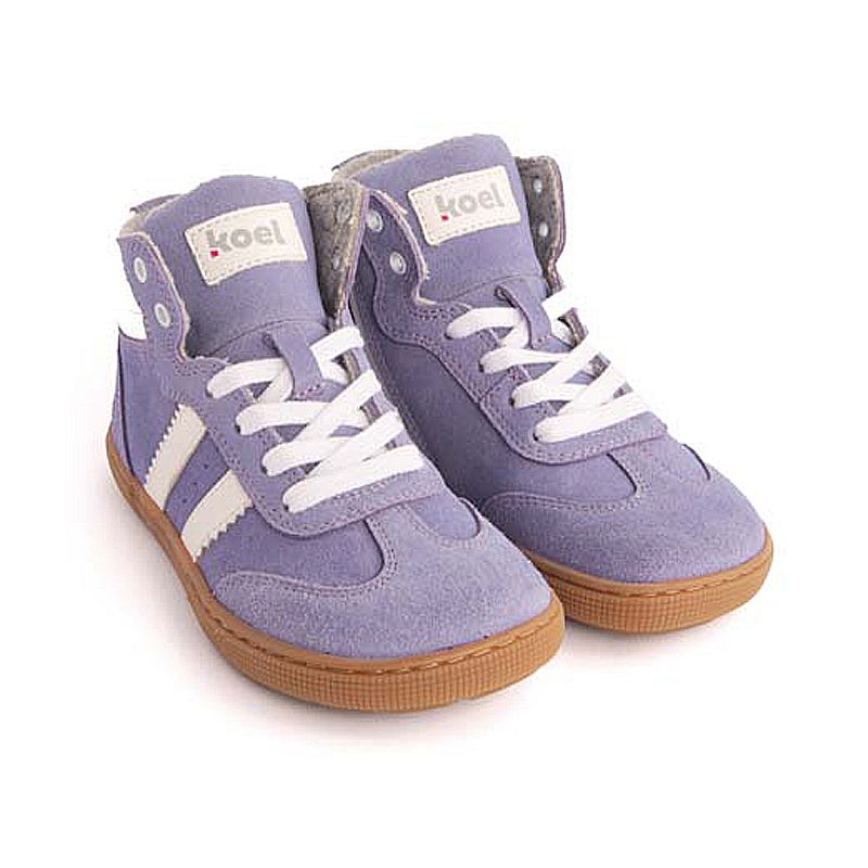KOEL Drew High Sneaker Flieder – Kinder Barfußschuh seitlich außen mit zwei weißen Streifen und flexibler Barfußsohle