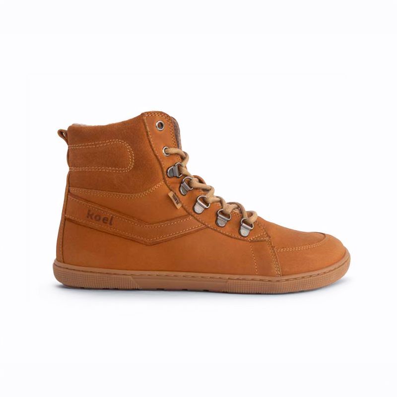 KOEL Fox Hydro Miel – Damen Barfuß Mid-Boot, Seitenansicht außen mit Hydro-Leder, Wollfilz und flexibler Gummisohle