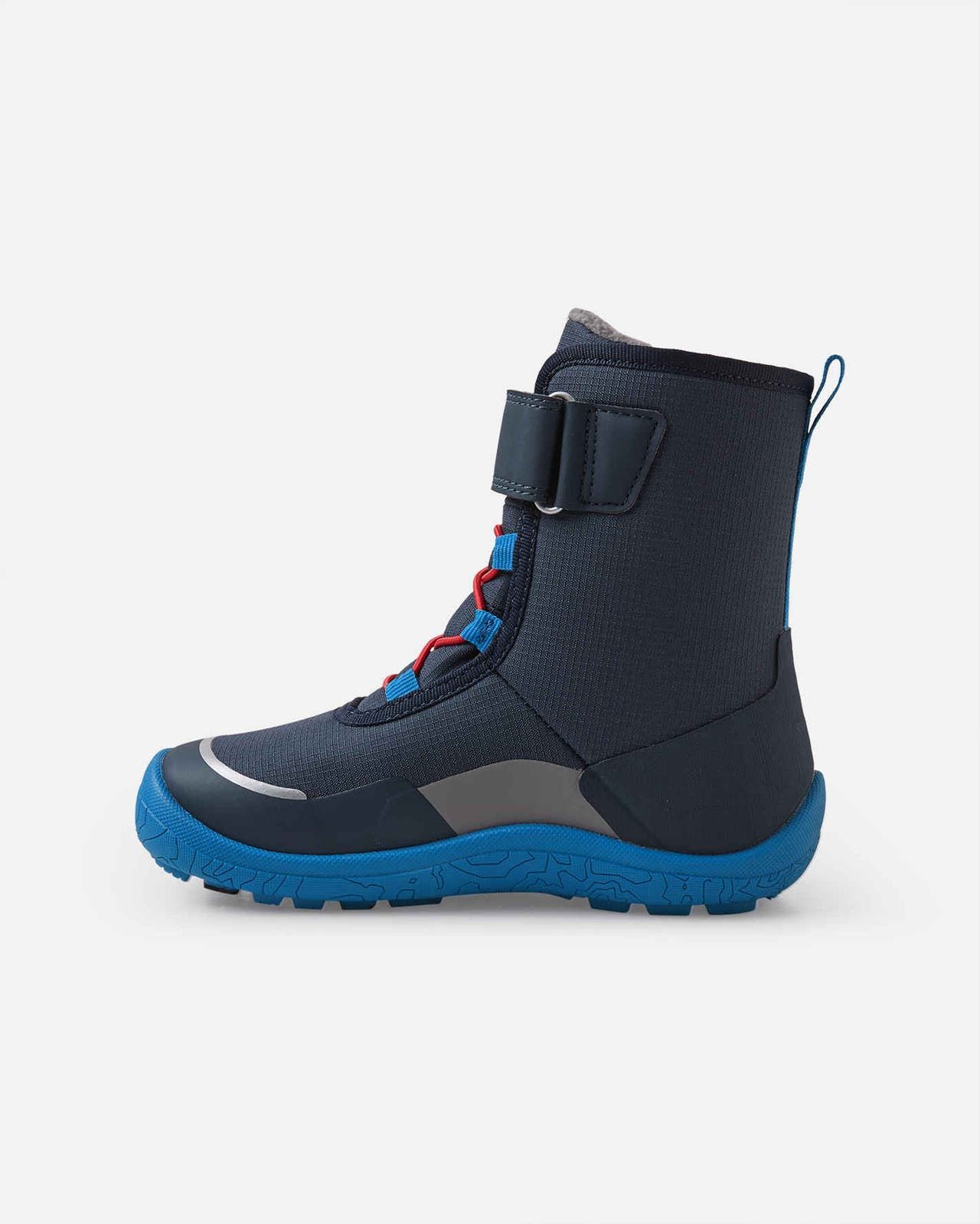 Reima TALVELLA KIDS Barfuß-Winterstiefel in Navy – linke Seitenansicht mit blauer Sohle und Klettverschluss