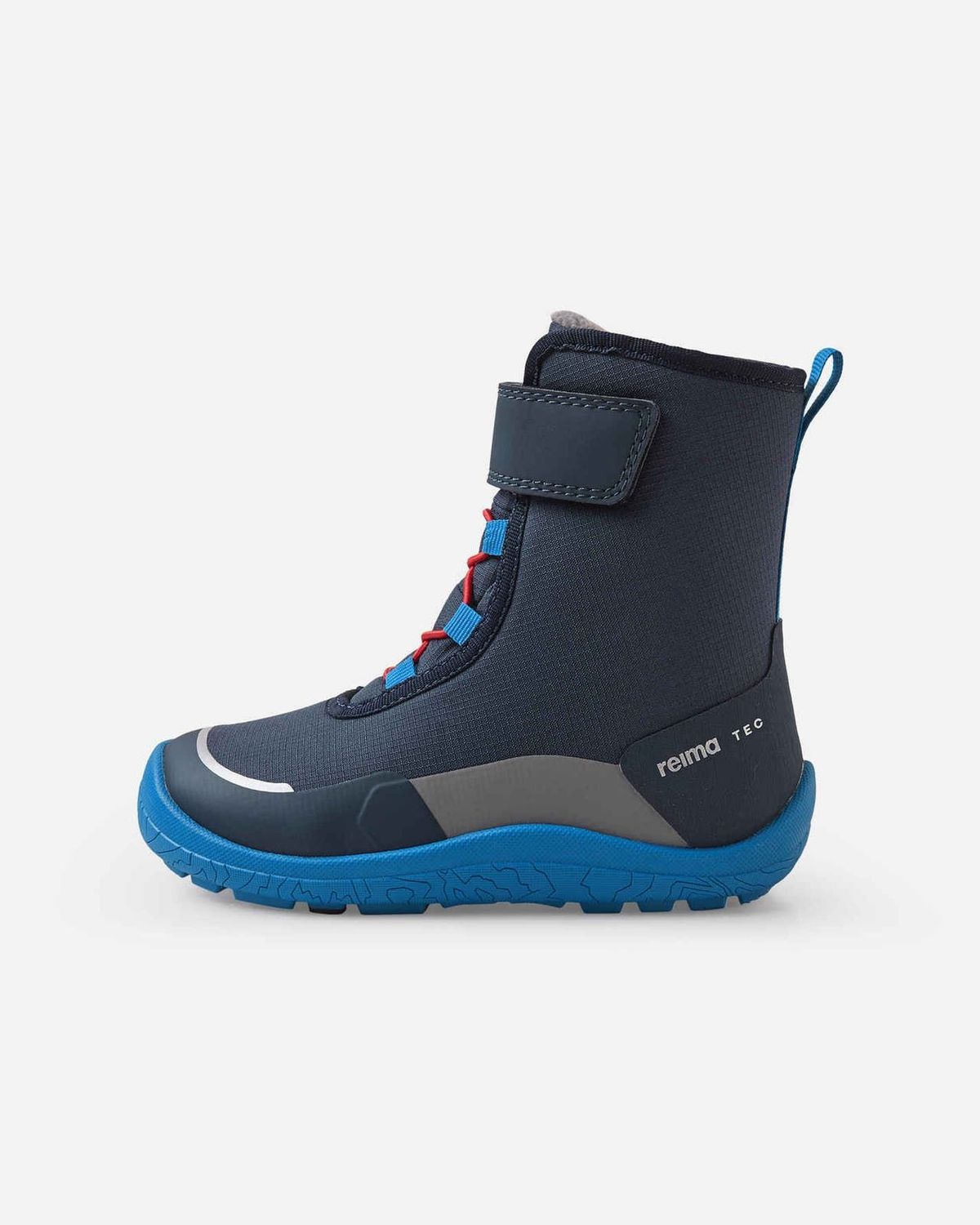 Reima TALVELLA KIDS Barfuß-Winterstiefel in Navy – linke Seitenansicht mit blauer Sohle und Klettverschluss