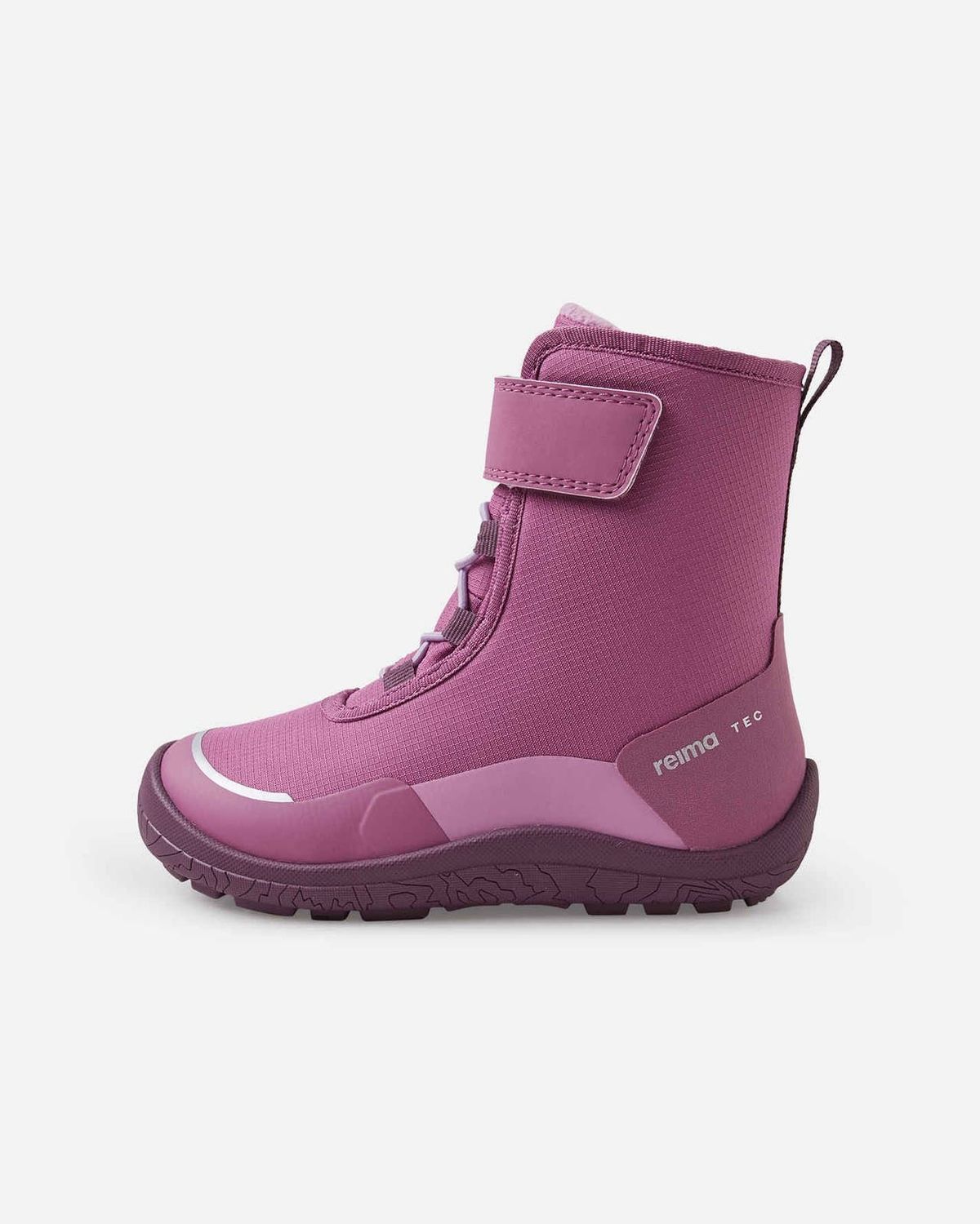 Reima TALVELLA KIDS Barfuß-Winterstiefel Red Violet – linke Seitenansicht mit Klettverschluss