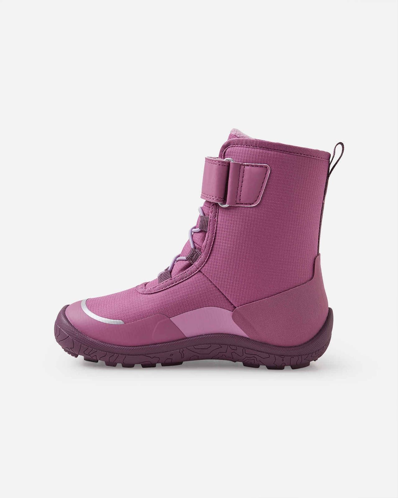 Reima TALVELLA KIDS Barfuß-Winterstiefel Red Violet – linke Seitenansicht mit Klettverschluss