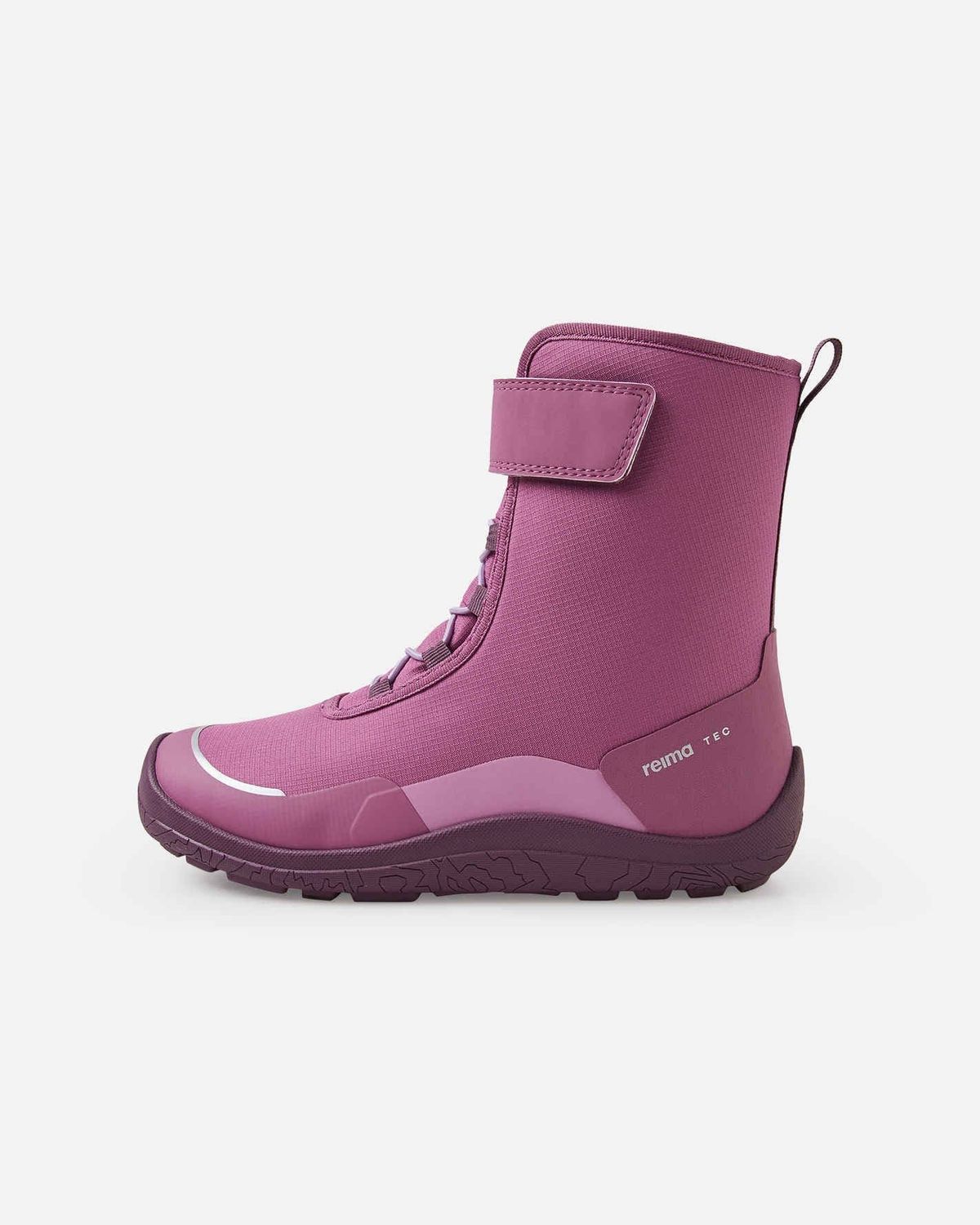Seitenansicht des Reima TALVELLA Junior Barfuß-Winterstiefels in Red Violet, linke Seite