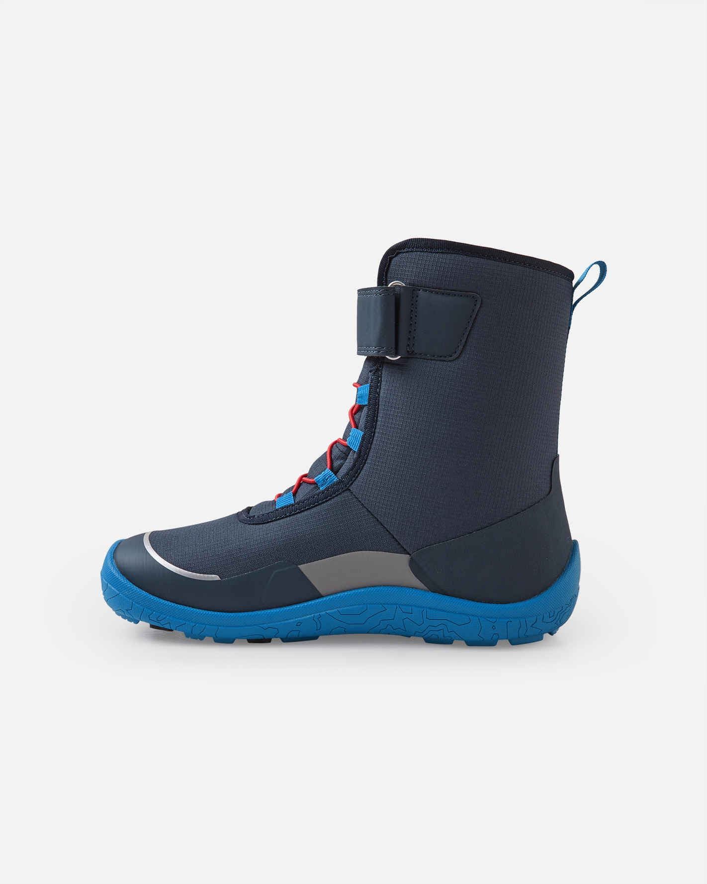 Seitenansicht des Reima TALVELLA Junior Barfuß-Winterstiefels in Navy, rechte Seite