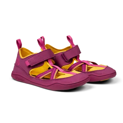 Seitliche Ansicht der Affenzahn Sandale Breezy Vogel – pink-gelb mit Kreuzriemen