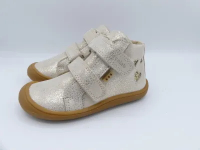 develab | MidCut Tex | Merino | Gold Fantasy Kinder-Barfußschuh Develab MidCut in Gold Fantasy – seitliche Ansicht mit Glitzerherzen