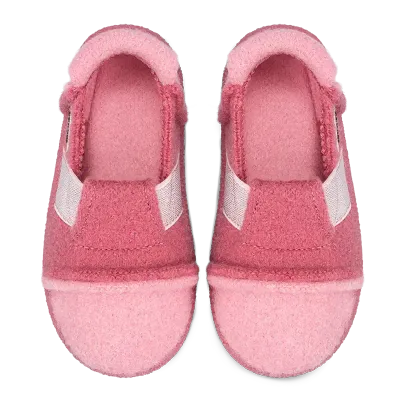 NANGA Berg 2.0 Azalee – Draufsicht auf rosa Kinderhausschuhe aus Wolle mit flexibler Barfußsohle