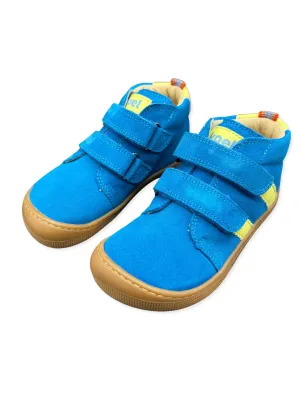 KOEL David Suede Cyan – Barfußschuh für Kinder, Seitenansicht mit gelben Streifen