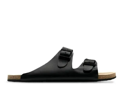 Aylla THAK Barfußpantoffel Schwarz – Unisex mit Korksohle Barfußpantoffel Aylla THAK in Schwarz – seitliche Ansicht mit zwei verstellbaren Riemen und Korksoh…