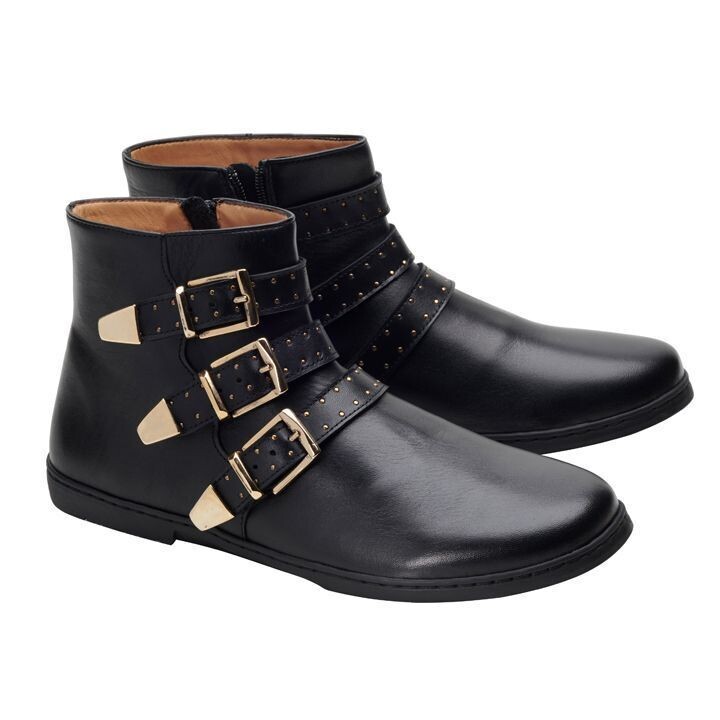 ZAQQ Biker Boots ZAQQ QLANCE Black Gold Plain Barfuß-Biker-Boot aus schwarzem Leder mit goldenen Schnallen