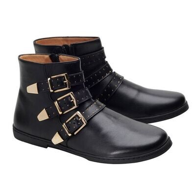 ZAQQ QLANCE Black Gold Plain Barfuß-Biker-Boot aus schwarzem Leder mit goldenen Schnallen