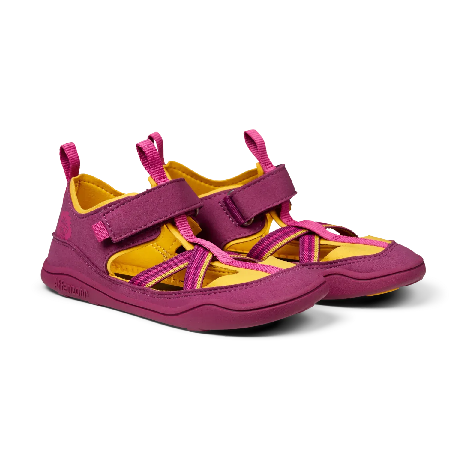 Seitliche Ansicht der Affenzahn Sandale Breezy Vogel – pink-gelb mit Kreuzriemen