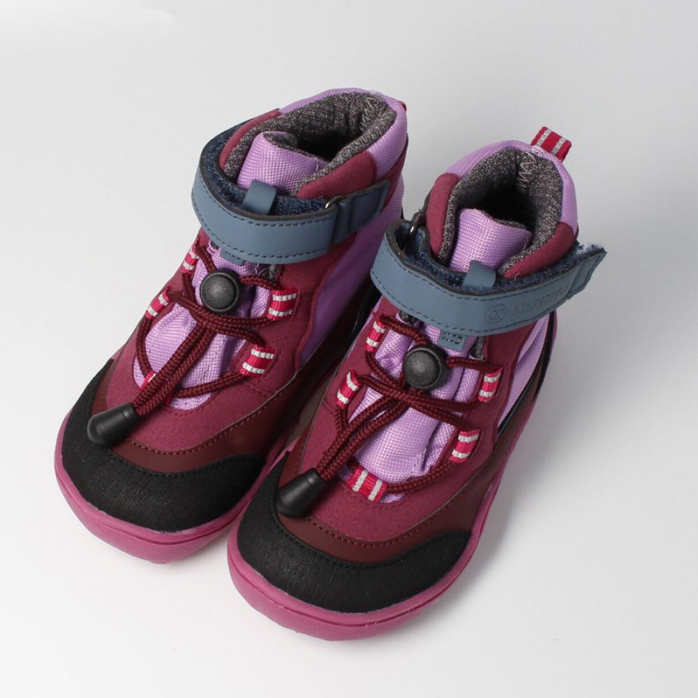 bLIFESTYLE Chersina TEX vegan Pflaume Kinder Barfußschuhe in Paaransicht schräg von oben mit breiter Zehenbox, Schnellverschl