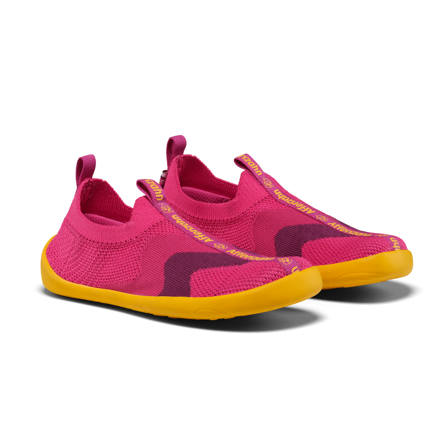 Affenzahn Knit Flinky Bird Hausschuh – Seitenansicht links in Pink mit gelber Sohle