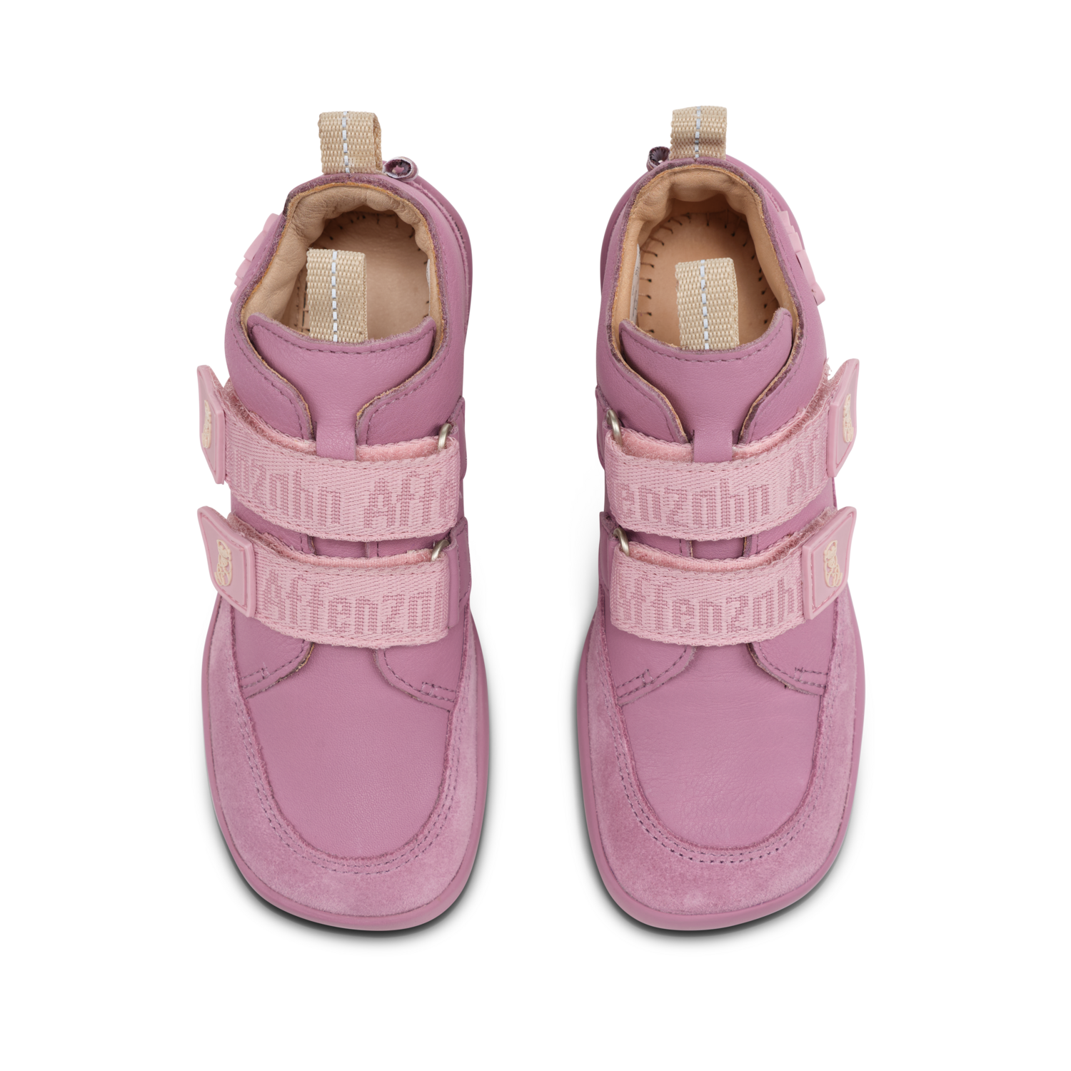 Paaransicht schräg – Affenzahn Barfußschuh Buddy Otter aus Leder in Rosa für Kinder