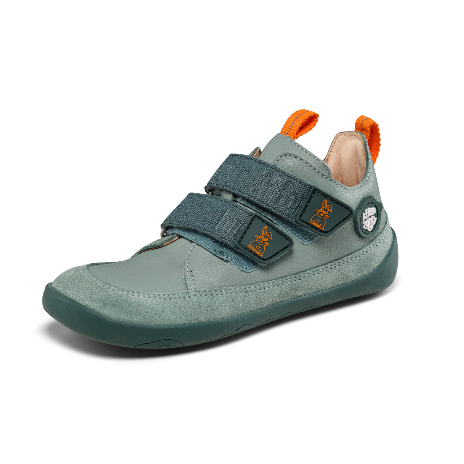 Barfußschuh Affenzahn Lederbuddy Hase in Außenansicht – gruen-blau mit orangefarbenen Details