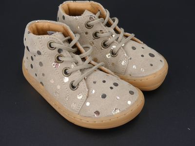 Froddo Barefoot | Frist Steps Laces | beige Froddo First Steps Beige Gold Barfuß Lauflernschuhe Kinder mit goldenen Punkten