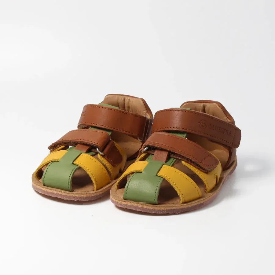 bLIFESTYLE LederschildkrötenSTYLE Sandale – Seitenansicht mit Gelb, gruen und Haselnuss