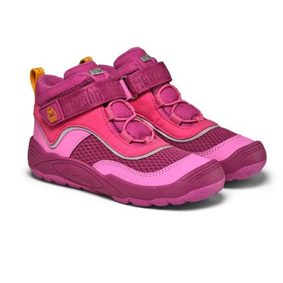 Affenzahn Barfußschuh Vegan Explory Vogel – Flexibel & wasserdicht Seitenansicht des veganen Affenzahn Barfußschuhs Explory in Pink-Beere mit Vogelmotiv