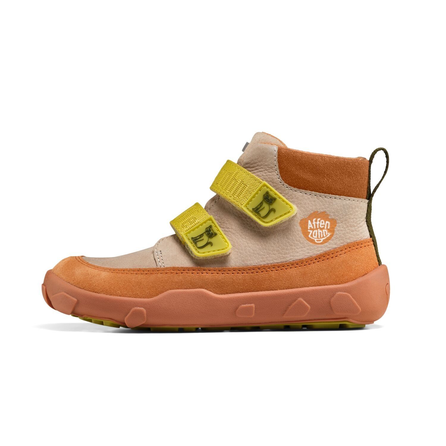 Affenzahn Lowboot Leather Friendy Cat – Seitenansicht links mit Katzenmotiv und Klettverschlüssen i…