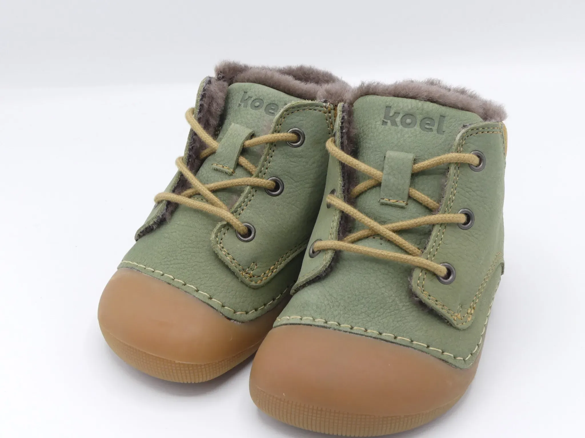 KOEL Baby Ava Olive – Paar Lauflernschuhe aus Leder mit Fellfutter