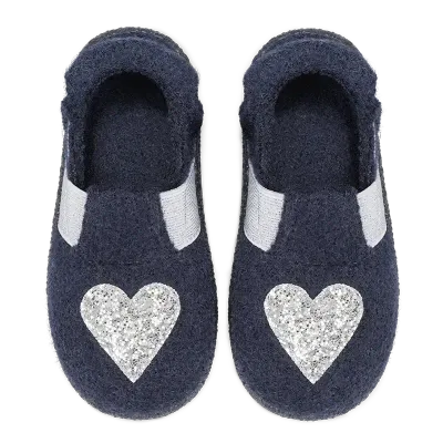 NANGA I Heart U 2.0 – Kinder Hausschuhe Dunkelblau mit Glitzerherz NANGA I Heart U 2.0 – Draufsicht auf dunkelblaue Kinderhausschuhe mit silbernem Glitzerherz