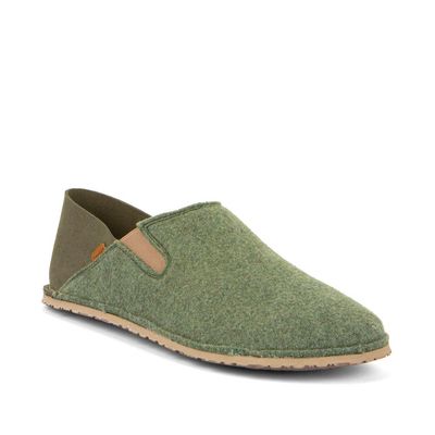 Froddo Barfuß-Hausschuh Olive Wolle Slip-On Vorderansicht Froddo Barfuß-Hausschuh Olive, breite Zehenbox für natürliche Zehenfreiheit