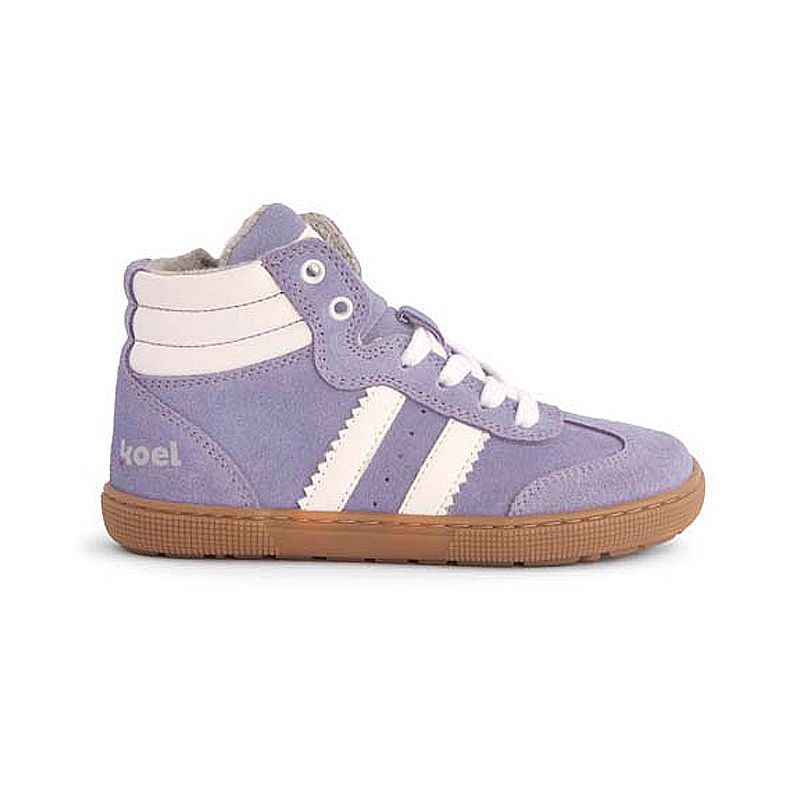 KOEL Drew High Sneaker Flieder – warmer Barfußschuh für Kinder KOEL Drew High Sneaker Flieder – Kinder Barfußschuh seitlich außen mit zwei weißen Streifen und flexibler Barfußsohle