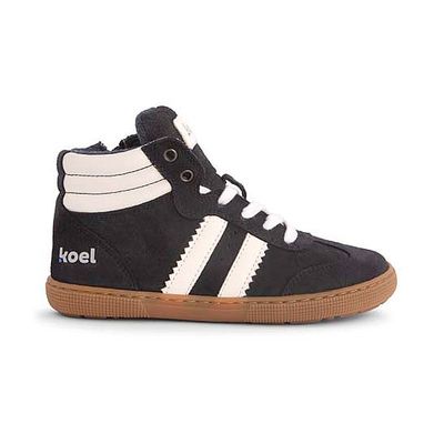 KOEL Drew High Sneaker navy – warmer Barfußschuh für Kinder KOEL Drew High Sneaker Navy – Kinder Barfußschuh seitlich außen mit zwei weißen Streifen und flexibler Barfußsohle