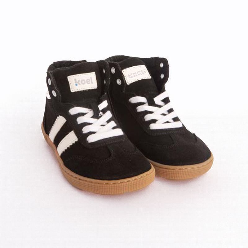 KOEL Drew High Sneaker Navy – Kinder Barfußschuh seitlich außen mit zwei weißen Streifen und flexibler Barfußsohle
