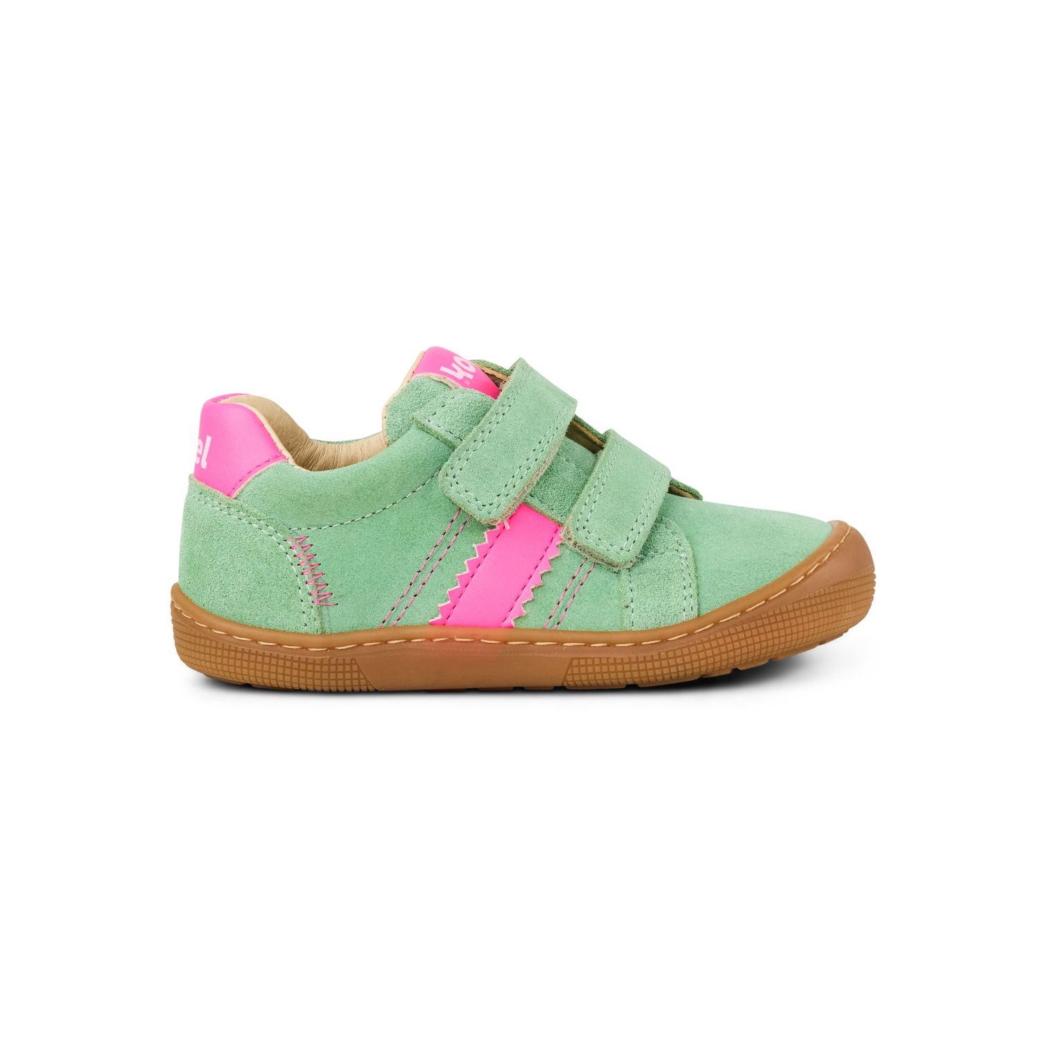 KOEL Denis 3.0 Suede Mint Barfußschuhe Kinder KOEL Denis Suede Mint Barfußschuh für Kinder, Seitenansicht mit Klettverschluss und flexibler Gummisohle