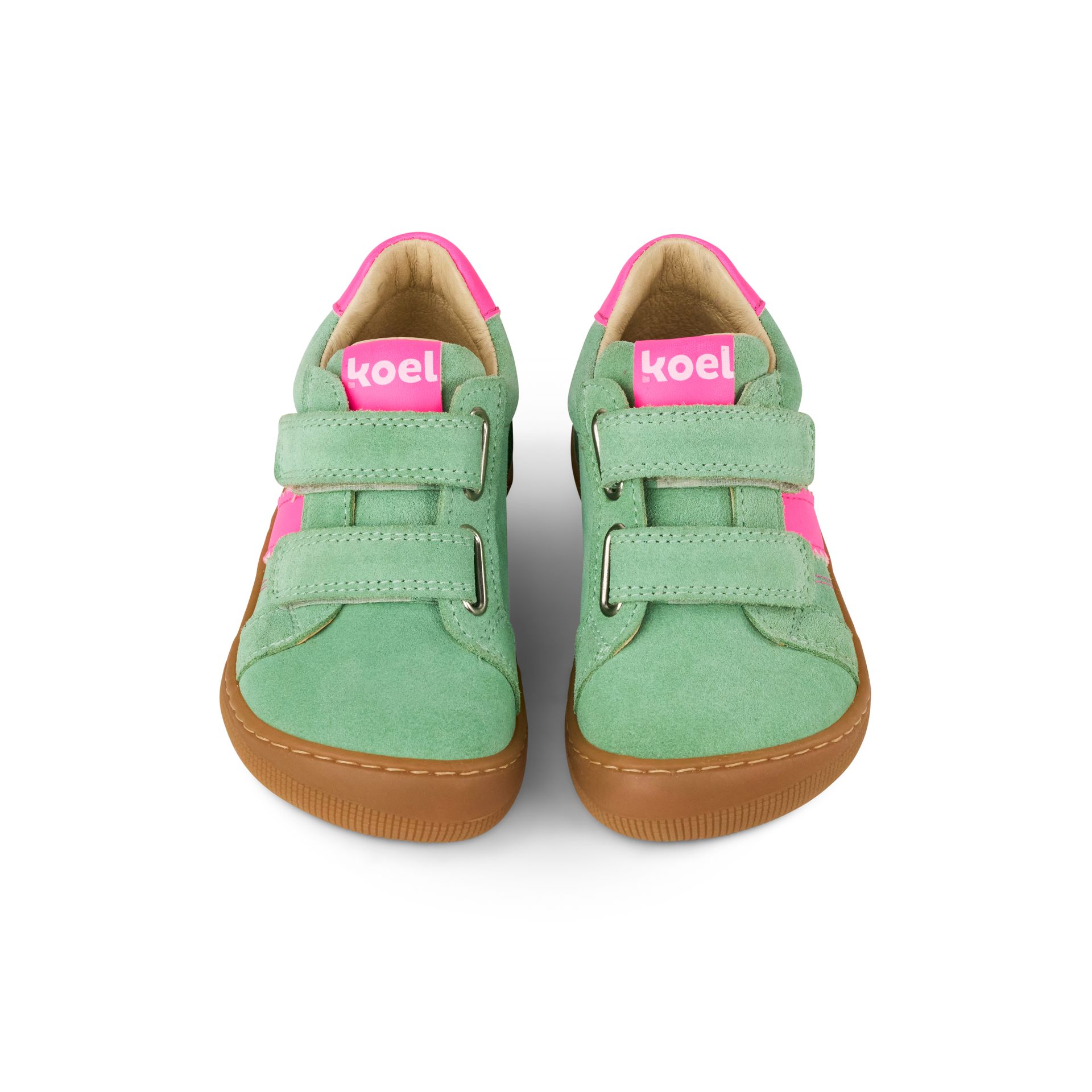 KOEL Denis Suede Mint Barfußschuh für Kinder, Seitenansicht mit Klettverschluss und flexibler Gummisohle