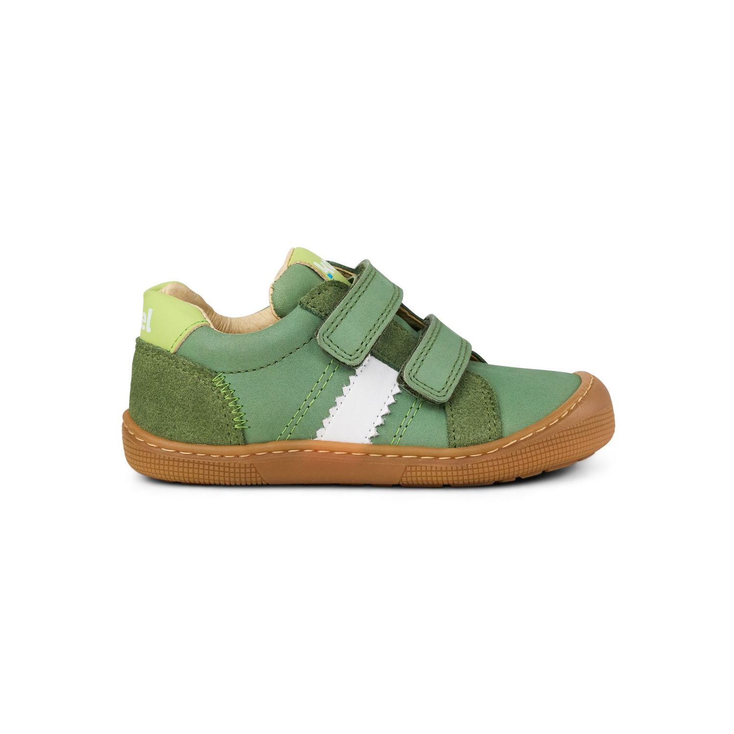 KOEL Denis 3.0 Napa New Green Alface Barfußschuhe Kinder KOEL Denis 3.0 Napa New Green Alface (Oliv) Barfußschuh für Kinder – Seitenansicht mit Klettverschluss und flexibler Sohle