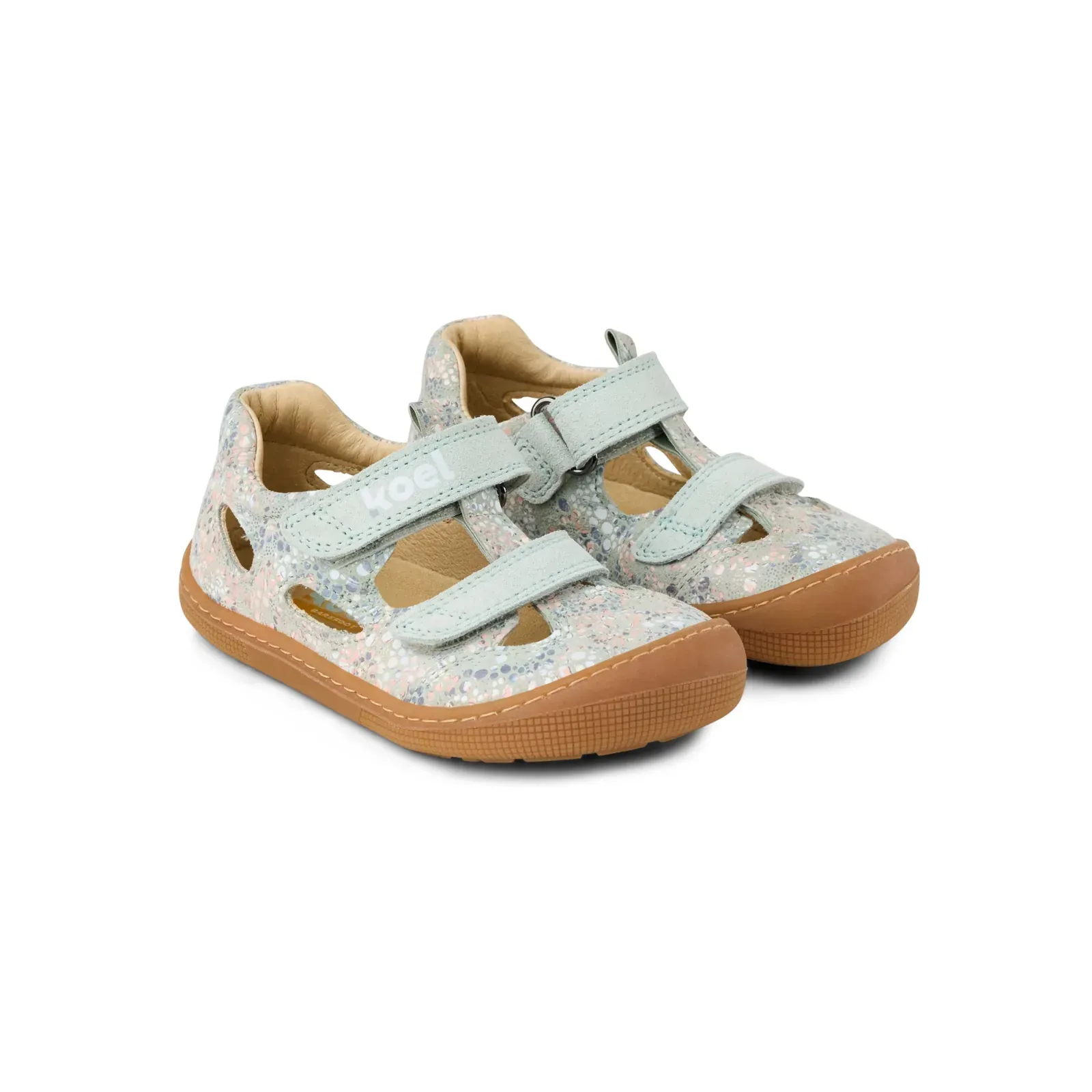 KOEL Deen Fantasy Aqua Kinder Barfußsandale Seitenansicht mit breiter Zehenbox und flexibler Naturgummisohle