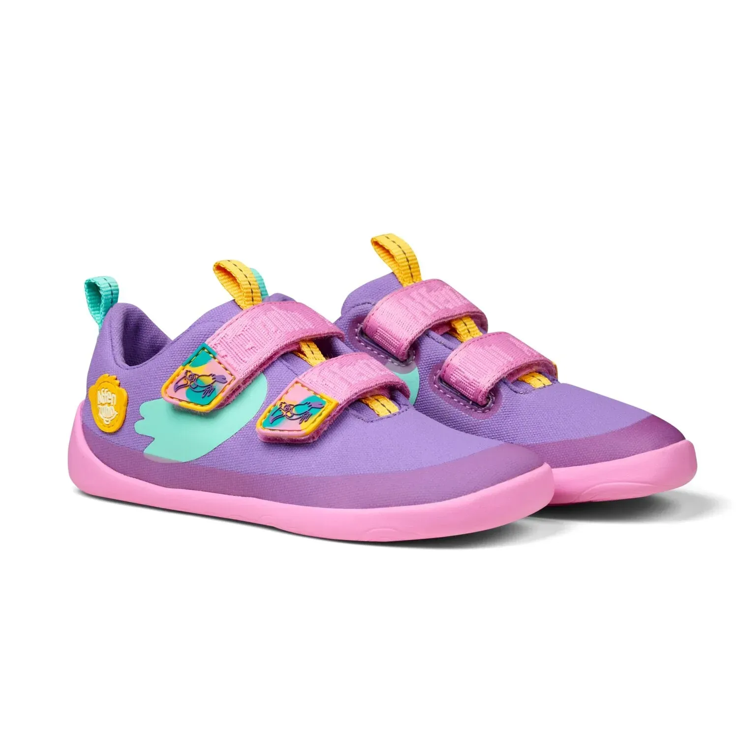 Affenzahn Sneaker Cotton Lucky Creative Toucan in Lavender von oben mit zwei Klettverschlüssen und breiter Zehenbox