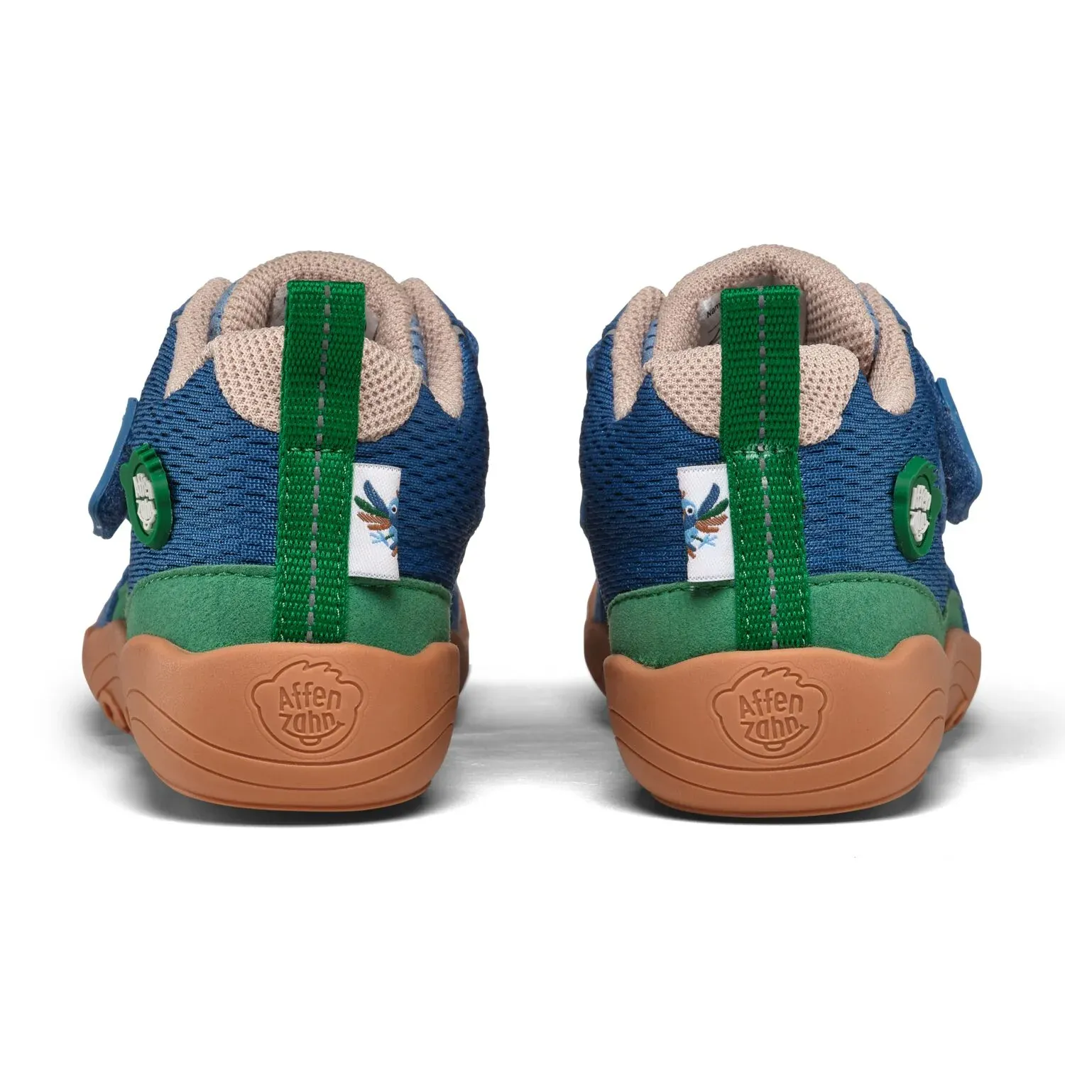 Affenzahn Cheerly Paradiesvogel Barfußschuh Kinder blau grün Klettverschluss Vorderansicht